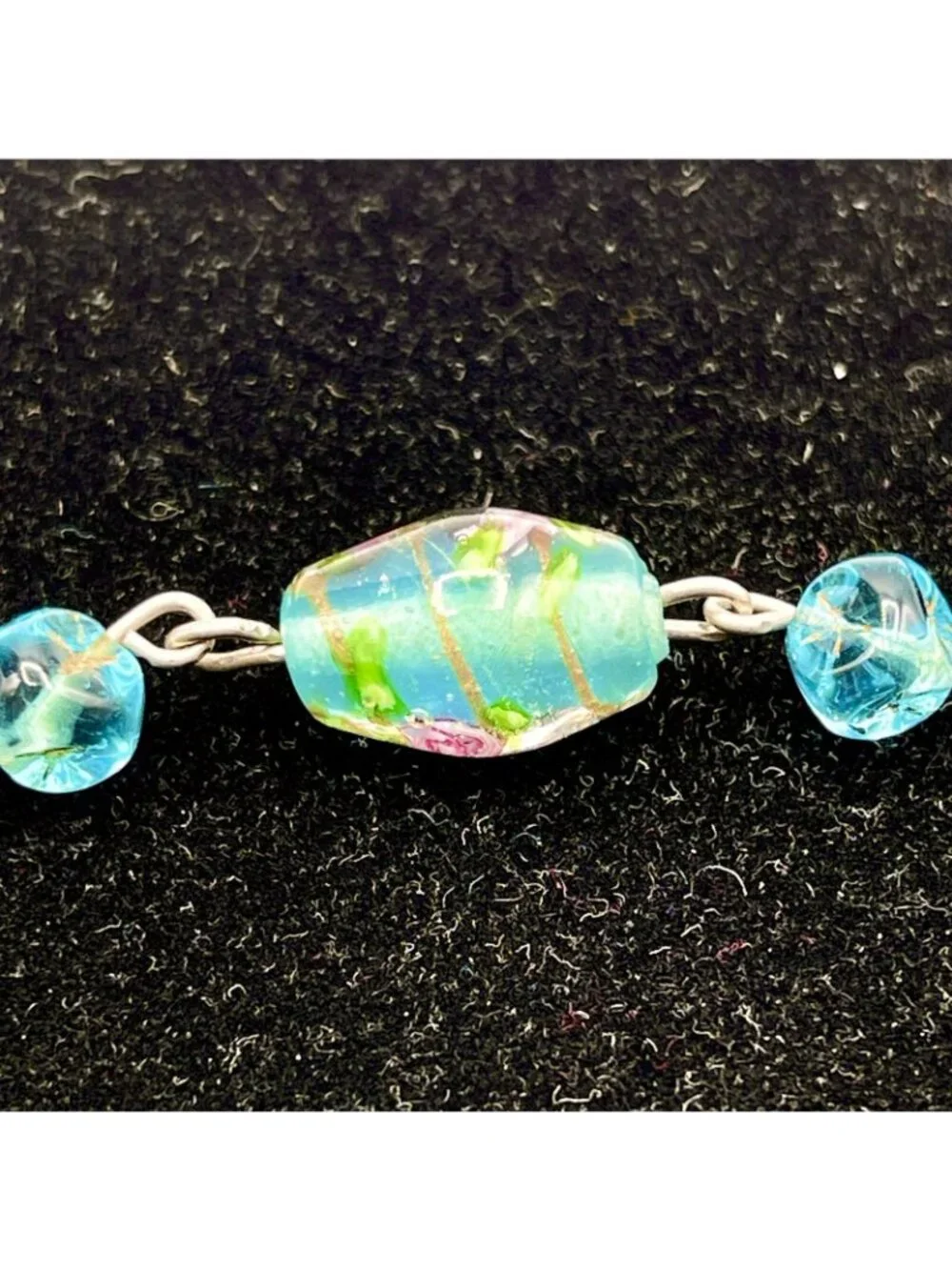 Handmade Glass Bead Lavalier Necklace Teal Gold Pink Rose Sterling Vintage 1950s - Picture 9 of 13